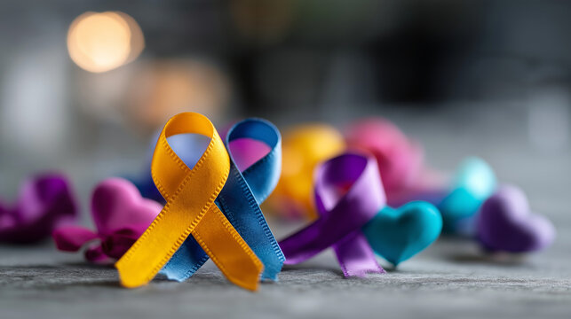 Colorful ribbons and heart on grey background faceless composition slightly defocused World Cancer Day concept multiple cancer awareness symbols healthcare solidarity