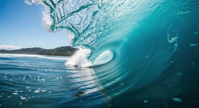 Powerful ocean wave curling into a perfect barrel. Translucent turquoise water catching the sunlight. Tropical coastal scenery for summer vacation. Natural energy and dynamic motion concept - Powered by Adobe