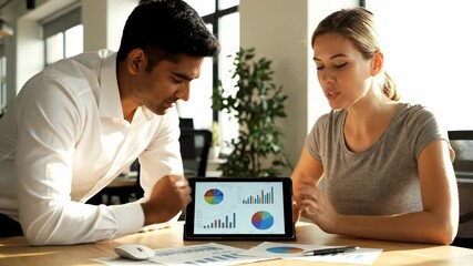 Two colleagues, a man and a woman, analyzing financial data on a tablet and papers in an office setting - Powered by Adobe