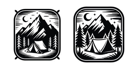Mountain night camping pine forest vector illustration