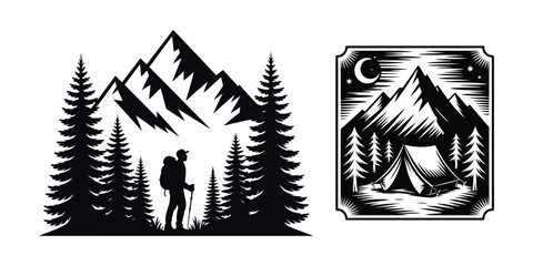 Mountain camping hiking outdoor adventure vector illustration