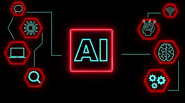 Artificial Intelligence A I concept network connections technology innovation digital transformation data processing machine learning neural networks abstract background glowing neon icons - Powered by Adobe