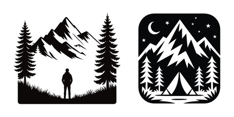 Mountain Landscape Camping and Explorer Vector Illustration Set