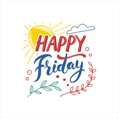 Happy Friday Typography Design with Sun and Leaf Decoration