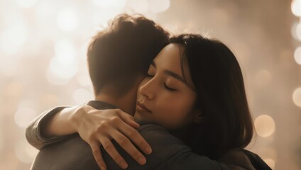 Couple embracing in warm hug, tender moment of affection.