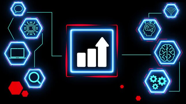 Digital network connection growth chart brain technology data analysis concept with icons for communication laptop search wifi and gears glowing neon on black background - Powered by Adobe