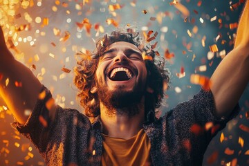 Young man rejoices at profits from cryptocurrency investment