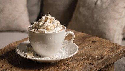 Cozy Hot Chocolate with Whipped Cream and Garnish on Rustic Wooden Table.