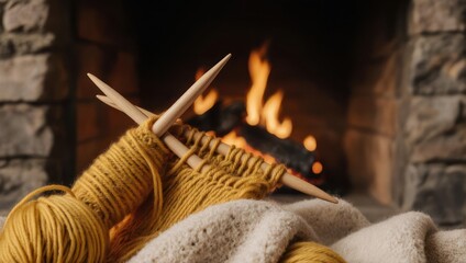 Cozy Knitting Project by a Warm Fireplace.