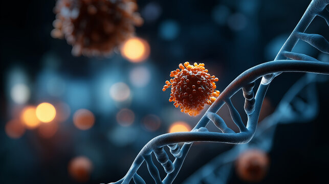 Human DNA strands twisting elegantly faceless molecular composition defocused vivid display of cells and viruses background medical research essence biological exploration