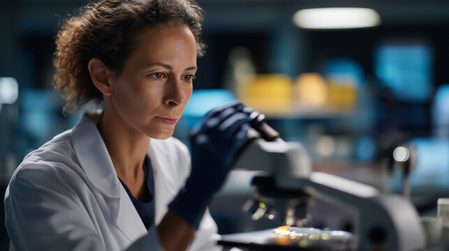 Faceless female research scientist in lab analyzing samples defocused laboratory equipment background microscope work scientific investigation oncology research environment - Powered by Adobe