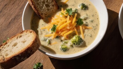 Creamy Broccoli Cheddar Soup with Toasted Bread and Cheese.