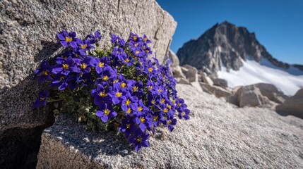 Purple alpine flowers nestled in rocks, mountain backdrop