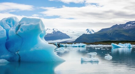 Vibrant blue iceberg floating in a glacial lagoon. Arctic landscape with melting ice and snow capped mountains. Global warming and climate change concept. Scenic travel destination for nature tourism