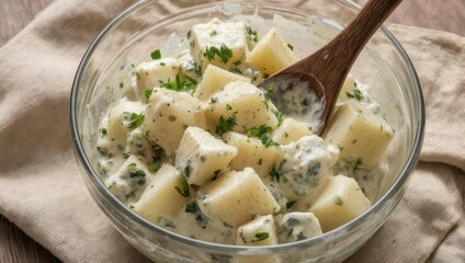 Creamy Potato Salad in Glass Bowl with Wooden Spoon.