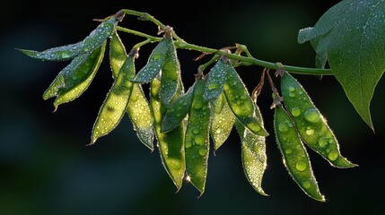 Close-up of dew-kissed pea pods