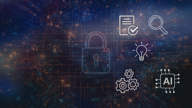 Cybersecurity and AI technology concept. Digital padlock with icons for innovation, compliance, and data analysis on a futuristic network background.
