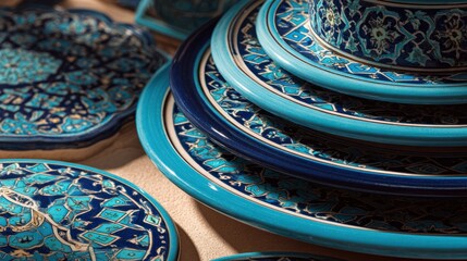 Stacked turquoise and blue ceramic plates with intricate patterns