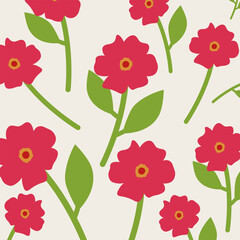 Vintage botanical seamless floral pattern background with red flower and green leaves. Suitable for wrapping paper, fabric, prints, cover, packaging, wall art and decoration. Vector
