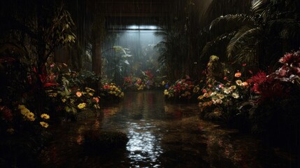 Lush, rain-drenched floral garden