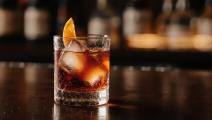 Classic Old Fashioned Cocktail with Orange Garnish on a Bar Counter.