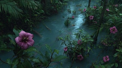 Lush, tropical waterway, vibrant purple blossoms