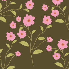Abstract artistic seamless floral pattern on green background. Pink flowers and green leaves. Suitable for fabric, prints, home decoration and gift wrap. Vector