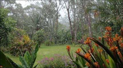 Lush garden in rain