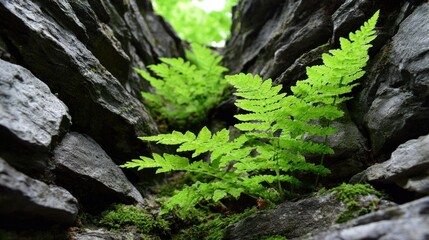 Lush ferns sprout between gray rocks