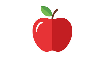 A vibrant, two-toned red fruit with a green leaf and brown stem, isolated against a bright white background