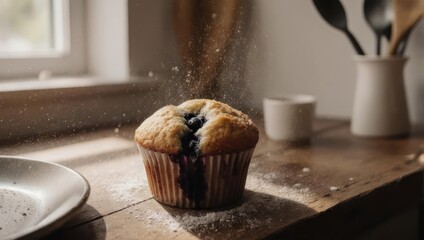 Close up of a freshly baked blueberry muffin dusted with powdered sugar on a wooden table.