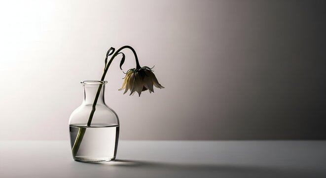Elegant wilting flower in glass vase evokes somber feelings of loss and reflection indoors