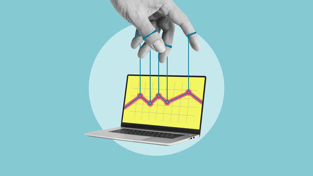 Stock market manipulation is shown with the hand which pulling strings on price graph on the screen. Return on investment ROI. Financial trends