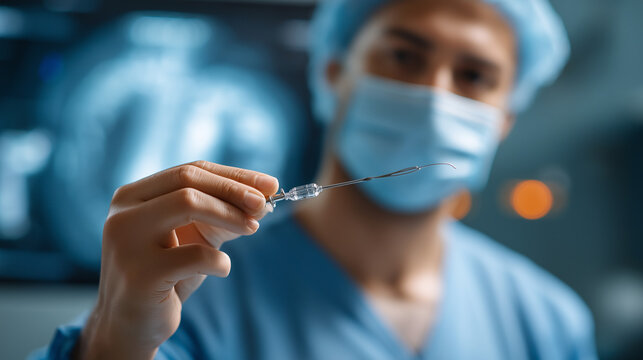 Faceless interventional radiology surgeon performing catheter treatment defocused X ray visualization equipment background minimally invasive procedure surgical precision work