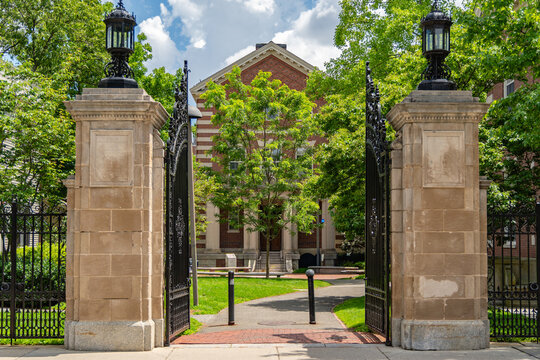Cambridge, MA, USA - May 1, 2025: Entrance gate to the campus of this private Ivy League research university.
