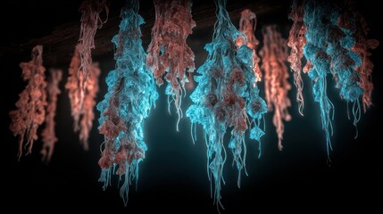 Dried, glowing, strands hang, vibrant colors