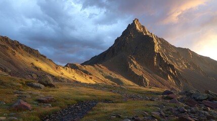 Mountain peak bathed in golden sunset light