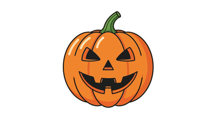 A smiling, cartoonish pumpkin with carved eyes, nose, and mouth, featuring a green stem, on a white background
