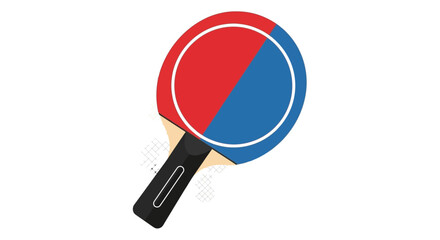 Vector illustration of a ping pong paddle, with a bi-colored red and blue head and black handle, on white background