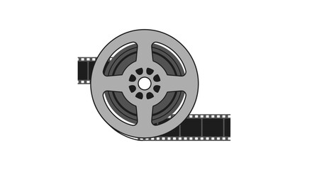 Fototapeta premium A classic movie reel with film strip extending on either side, depicted in grayscale. Simple design