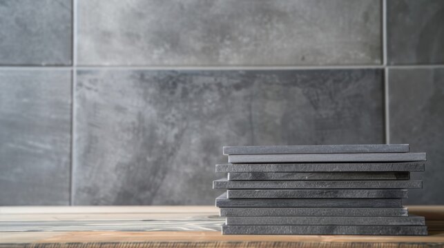 A stack of black notebooks on a wooden surface against a gray tiled background. The scene is minimalistic and modern, emphasizing simplicity and organization.