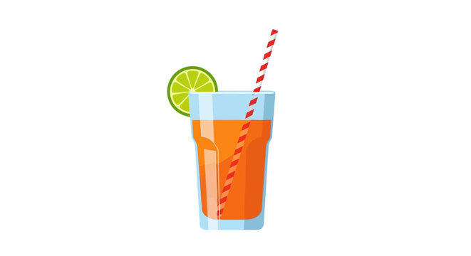 Vector illustration of a tall glass filled with orange liquid, a striped straw, and lime garnish. Simple and clean design
