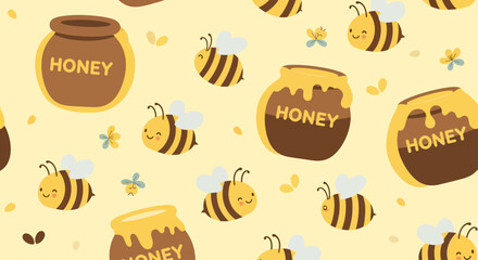 Whimsical pattern of happy bees and honey pots with dripping honey against a soft yellow backdrop
