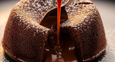 Delicious chocolate lava cake with powdered sugar and melting chocolate sauce