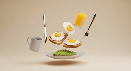 Delicious breakfast with fried eggs, avocado toast, and orange juice floating in the air for a creative and fun food presentation