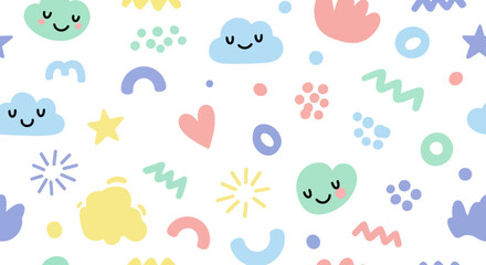Whimsical pattern on a white background, featuring cute clouds, stars, hearts, and various shapes in pastel colors