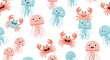 Playful pattern of happy cartoon jellyfish and crabs on white. Soft pastels and whimsical charm create a joyful vibe