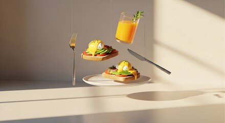 Floating Eggs Benedict Breakfast with Orange Juice and Utensils in Modern Sunny Setting