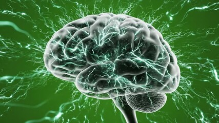 Brain Activity: Electrical Impulses and Neural Networks on Green Background - Powered by Adobe