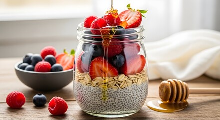 Chia seed pudding with fresh berries and honey for healthy breakfast